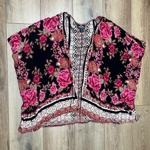 Angie Black and Pink Floral Short Kimono Shaw Cardigan Small